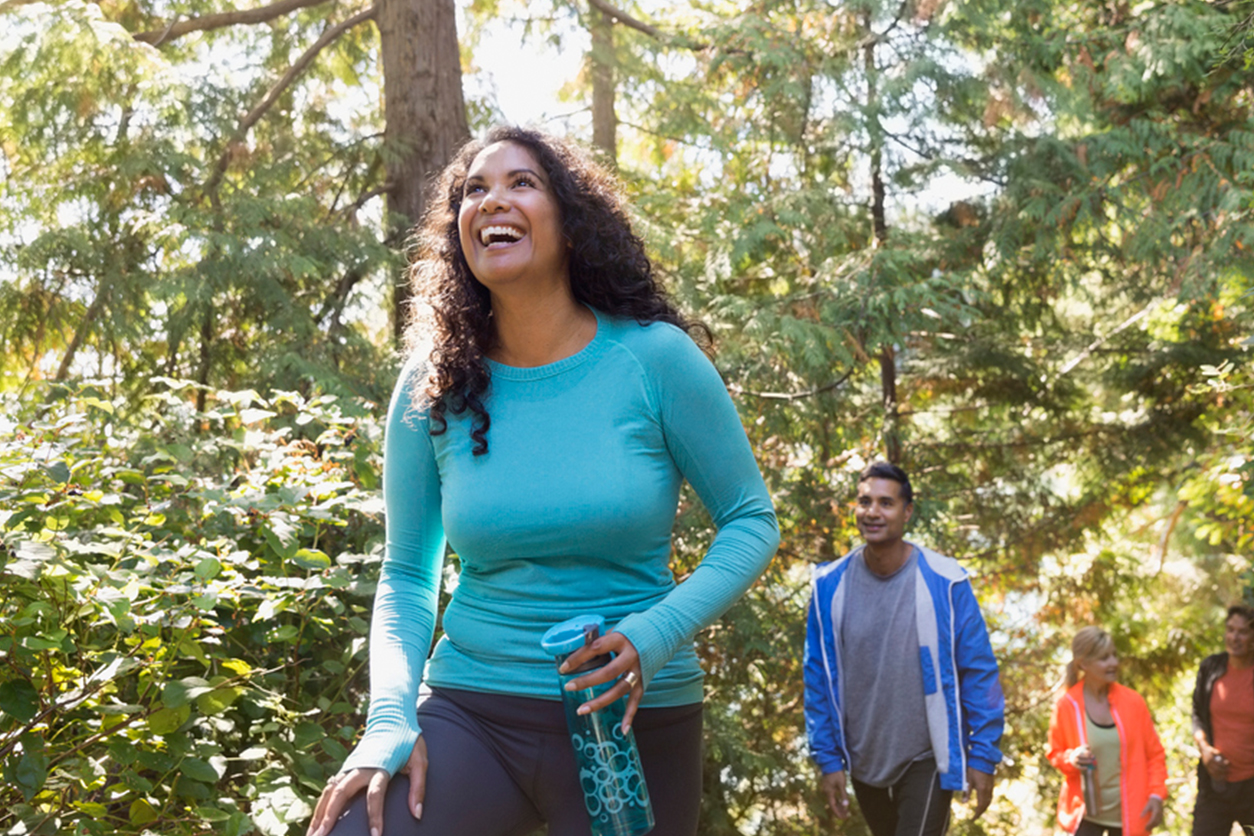 Group hiking up a trail